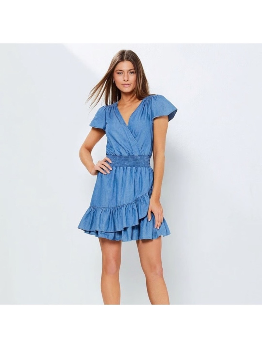 Michael Kors Chambray Wrap Ruffle Mini Dress in Blue